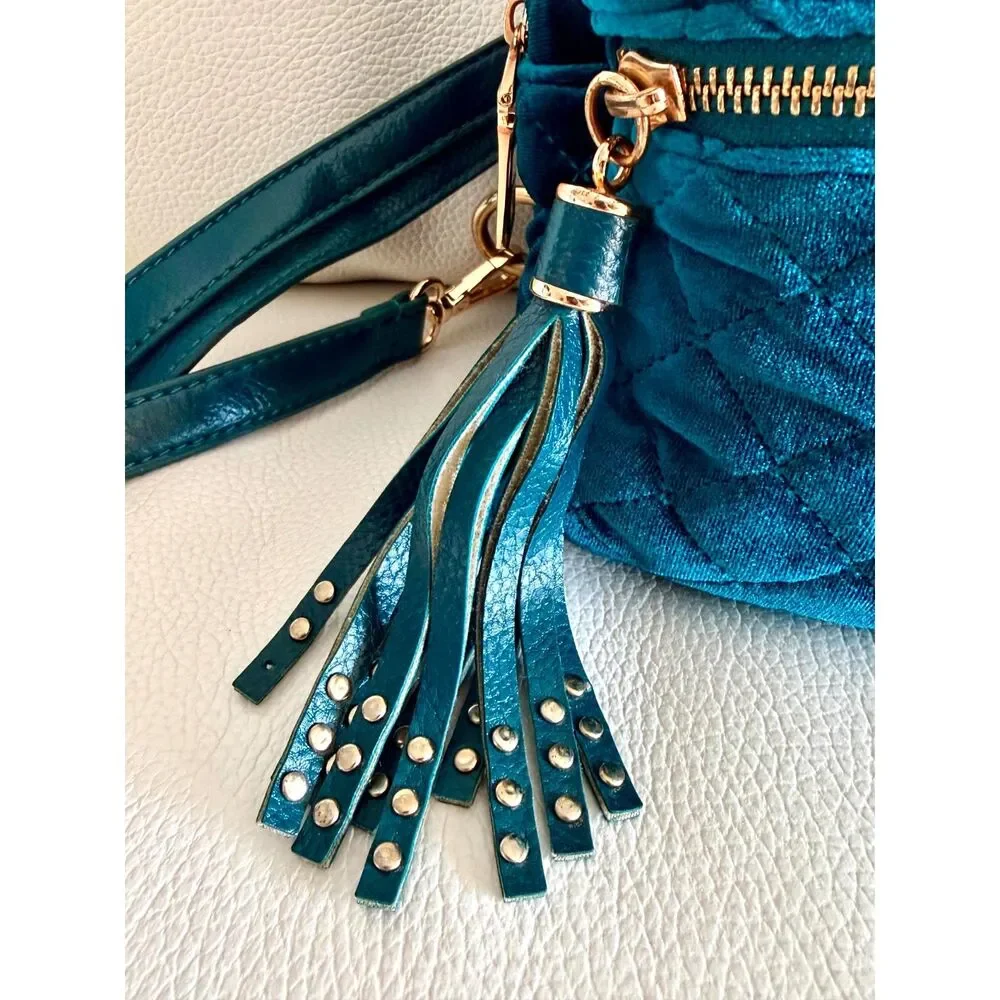 Bebe Teal Quilted Velvet Mini Backpack Gold Hardware Tassel Y2K